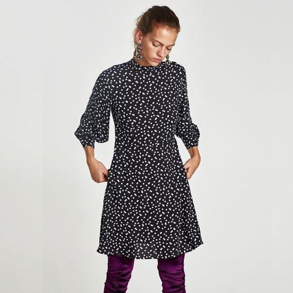 2/$30 ZARA Polka Dot Skater Dress XS Black High Neck Long Balloon Sleeve #6189 - Picture 1 of 16